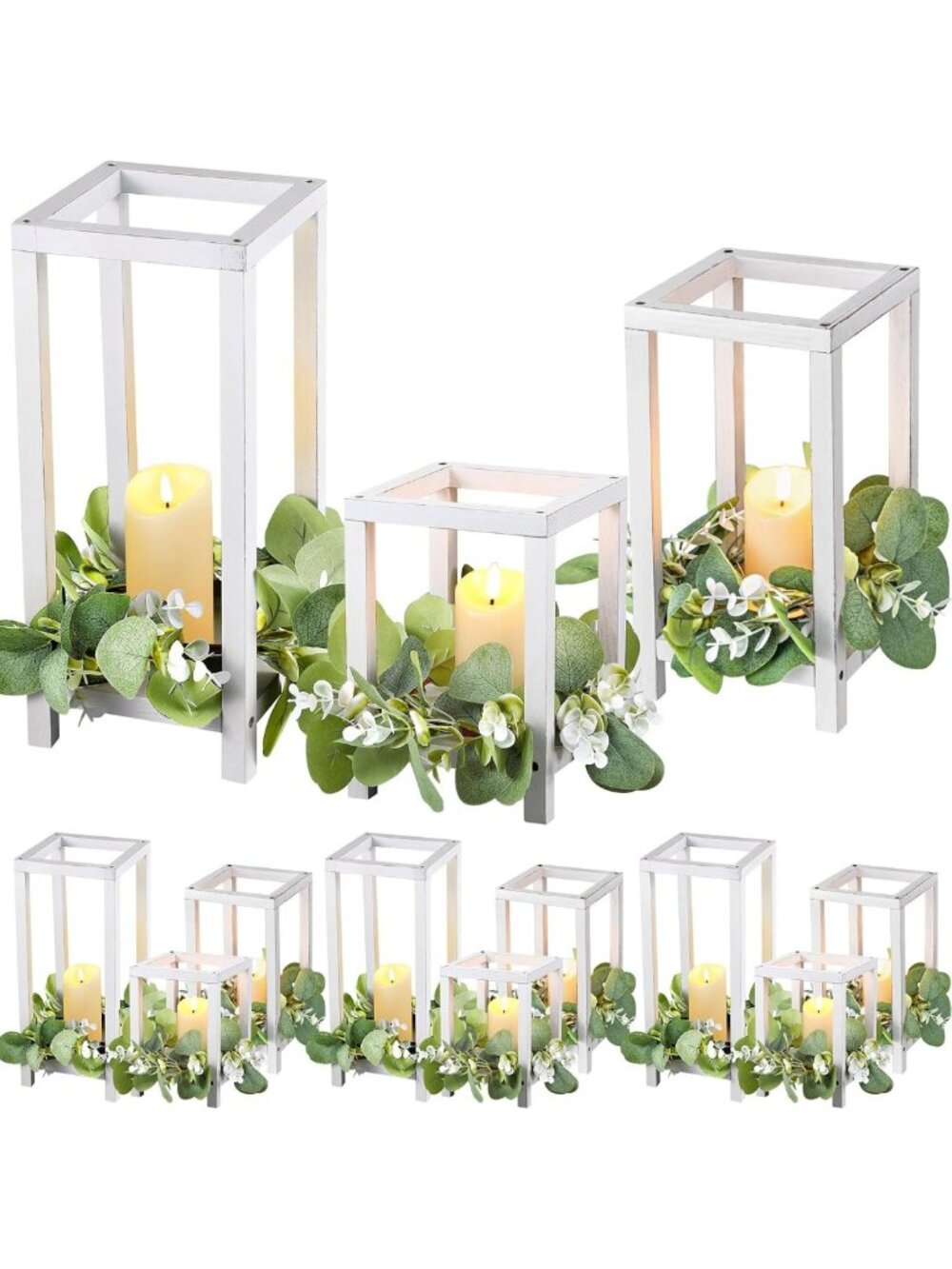 Set of 12 Elegant White Wooden Wedding Lanterns - 7.87'' to 12.99'' Decor